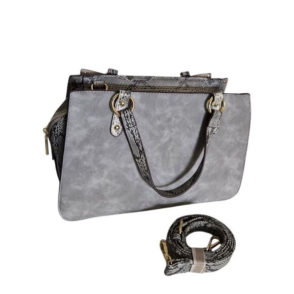 Gray Studded Tote Handbag Snake Print Gold Trim Structured Satchel Purse - Picture 2 of 7